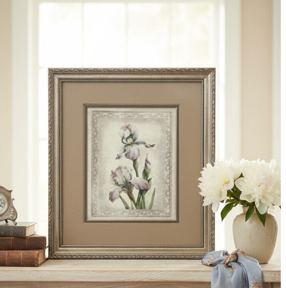 Tom Wood Framed Botanical Purple Iris Flower Art Print Vintage 15.5" x 13.5"